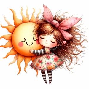 12 Abrazos de sol PNG – Niña abrazando un sol sonriente clipart con vestido floral y lazo – Arte caprichoso para impresiones de guardería, decoración infantil, manualidades alegres