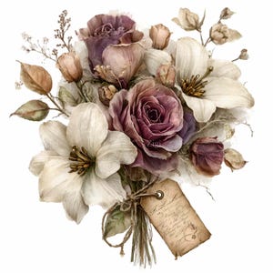 May include: Watercolor illustration of a bouquet of flowers in shades of purple, cream, and brown. The bouquet includes roses and other flowers, tied with twine and a tag. The tag has handwritten text.