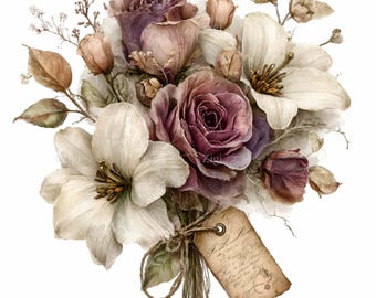 16 PNG Vintage Floral Bouquet – Dusty Colors Roses & Cream Flowers with Tag – Romantic Clipart for Wedding Cards, Prints, Sublimation