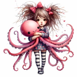 15 Adorable Girl and Octopus Clipart PNG - Cute Child with Messy Hair Hugging Smiling Octopus - Digital Download for Crafts