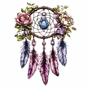 27 imágenes prediseñadas de atrapasueños florales JPEG (JPG): plumas rosas y moradas, gemas azules, corona de peonías y rosas, arte de acuarela