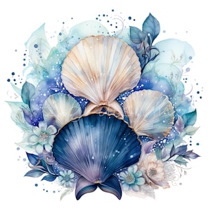 10 conchas marinas de acuarela PNG: imágenes prediseñadas de conchas florales costeras: arte de playa oceánica para manualidades de verano, decoración marina o diseños de sublimación