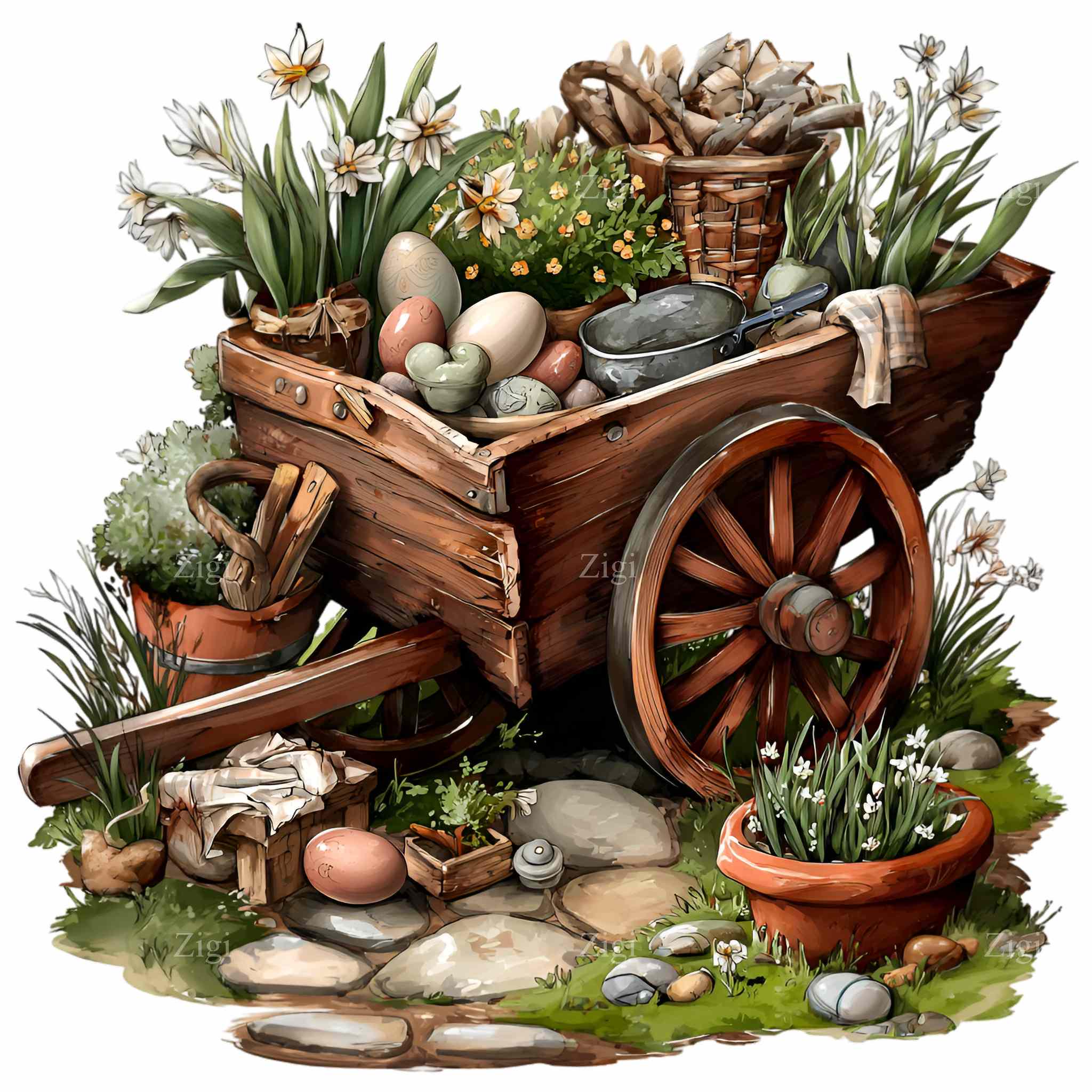 16 PNG Watercolor Bunny Clipart, Easter Wheelbarrow Illustration Spring ...