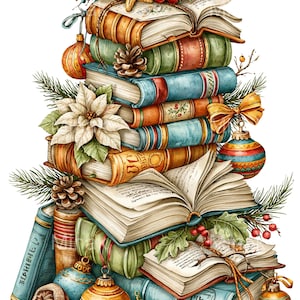 12 PNG Christmas Book Stack Vintage Holiday Literature Clipart Digital