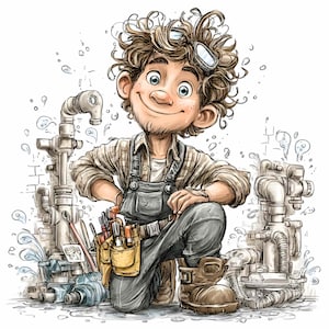 Op de afbeelding: Illustratie van een glimlachende loodgieter die naast sanitair knielt. Hij draagt een geruit overhemd, een overall en een gereedschapsriem. Een bril rust op zijn hoofd. Waterdruppels en metselwerk zijn op de achtergrond.