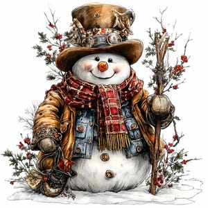 以下が含まれることがあります： 気まぐれな雪だるまのイラスト。雪だるまは茶色の帽子、赤いチェック柄のスカーフ、デニムジャケット、茶色のコートを着ています。彼は木の杖を持ち、赤い実のついたヒイラギの小枝に囲まれています。雪だるまは人参の鼻と笑顔の顔をしています。