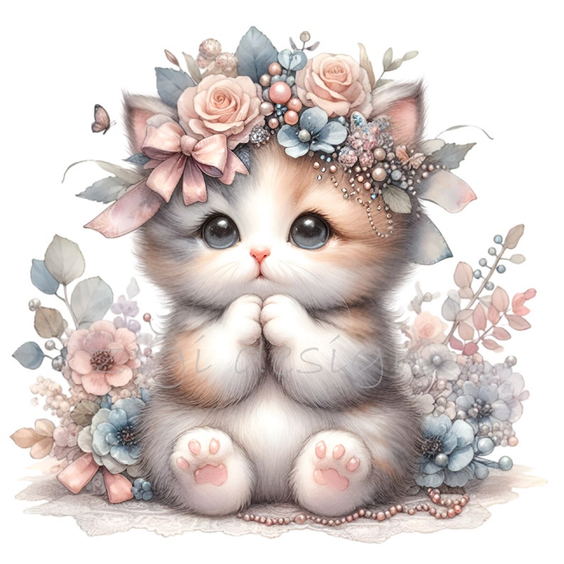 12 PNG Floral Kitten Clipart – Cute Cat PNG – Baby Animal Illustration ...