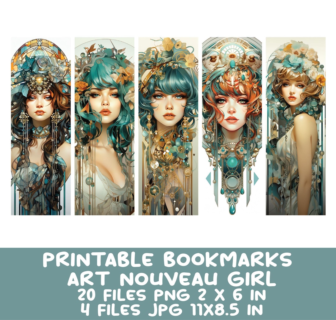 Art Nouveau Printable Bookmarks PNG Bundle 20 Watercolor - Etsy