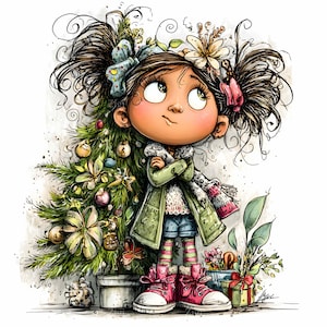 23 JPEG Holiday Girl – Christmas Tree JPG Clipart – Cute Winter Illustration for Cards, Stickers, Gift Tags, Wall Art, Printable Decor