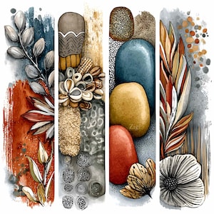 May include: Abstract watercolour art with four vertical panels, each displaying natural elements. The panels feature leaves, stones, and floral designs in earthy tones, blues, and whites. The artwork has a textured, artistic feel, with a variety of textures and patterns.