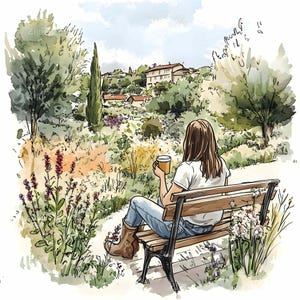 28 imágenes prediseñadas de chica en un banco (JPEG), escena de jardín tranquilo (JPEG), ilustración de un momento relajante, descarga de arte de café natural, imagen digital al aire libre