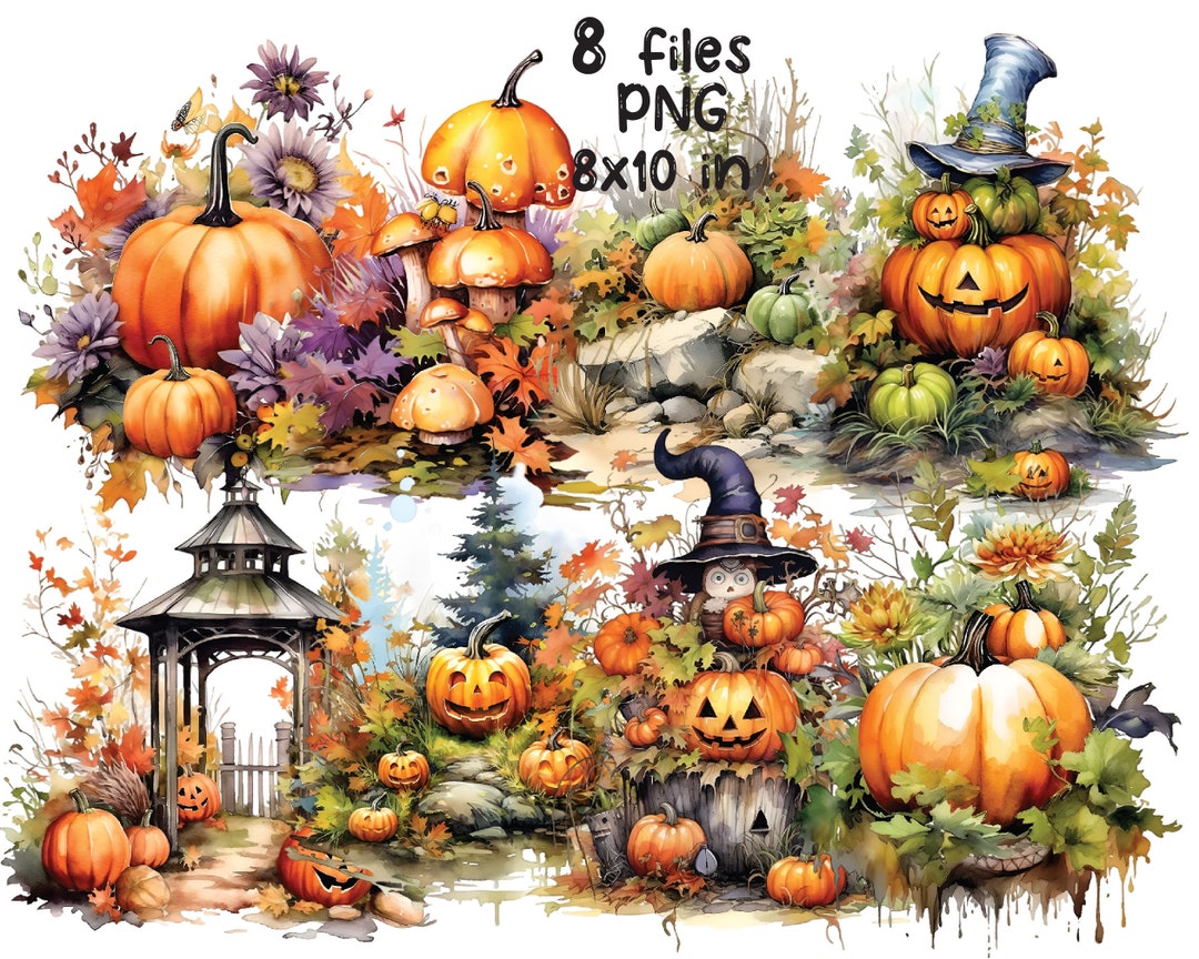 Halloween Pumpkin Garden Clipart PNG Bundle Watercolor - Etsy