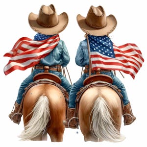 15 ragazzi cowboy patriottici a cavallo PNG, clipart della bandiera americana occidentale, illustrazione del ranch del rodeo di campagna per sublimazione
