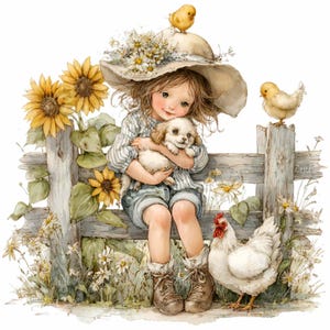 Può includere: Illustrazione ad acquerello di una giovane persona seduta su una staccionata di legno, che tiene in braccio un piccolo cucciolo bianco. Un grande cappello da sole ornato di margherite è sulla sua testa. Girasoli gialli e polli sono presenti.