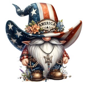 12 Vaterländische Gnome PNG Clipart - Hut mit Sternen, florale Akzente, rustikaler westlicher Stil - Digital Art im Stil der USA