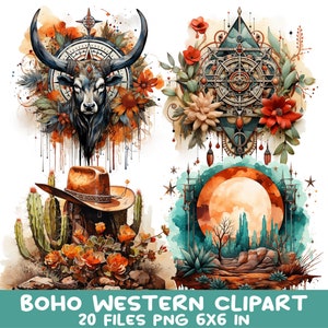 Boho Western Clipart Bundle, 20 PNG Watercolor Desert Wedding Sublimation Digital Images for Crafting and Design