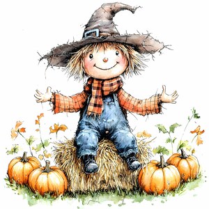 30 imágenes prediseñadas JPEG de niño espantapájaros, adorable personaje otoñal en fardo de heno con calabazas, arte rústico imprimible de cosecha otoñal.