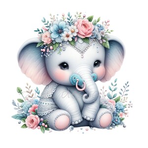May include: A cute cartoon baby elephant wearing a flower crown with blue and pink flowers. The elephant is sitting with its legs crossed and has a blue and pink pacifier in its mouth.