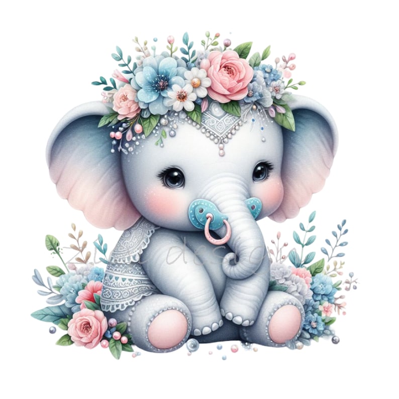 May include: A cute cartoon baby elephant wearing a flower crown with blue and pink flowers. The elephant is sitting with its legs crossed and has a blue and pink pacifier in its mouth.