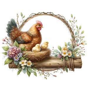 Puede incluir: Una gallina marrón con pollitos amarillos en un nido hecho de ramitas. El nido está sobre un tronco de madera con una corona de hojas verdes y flores alrededor.