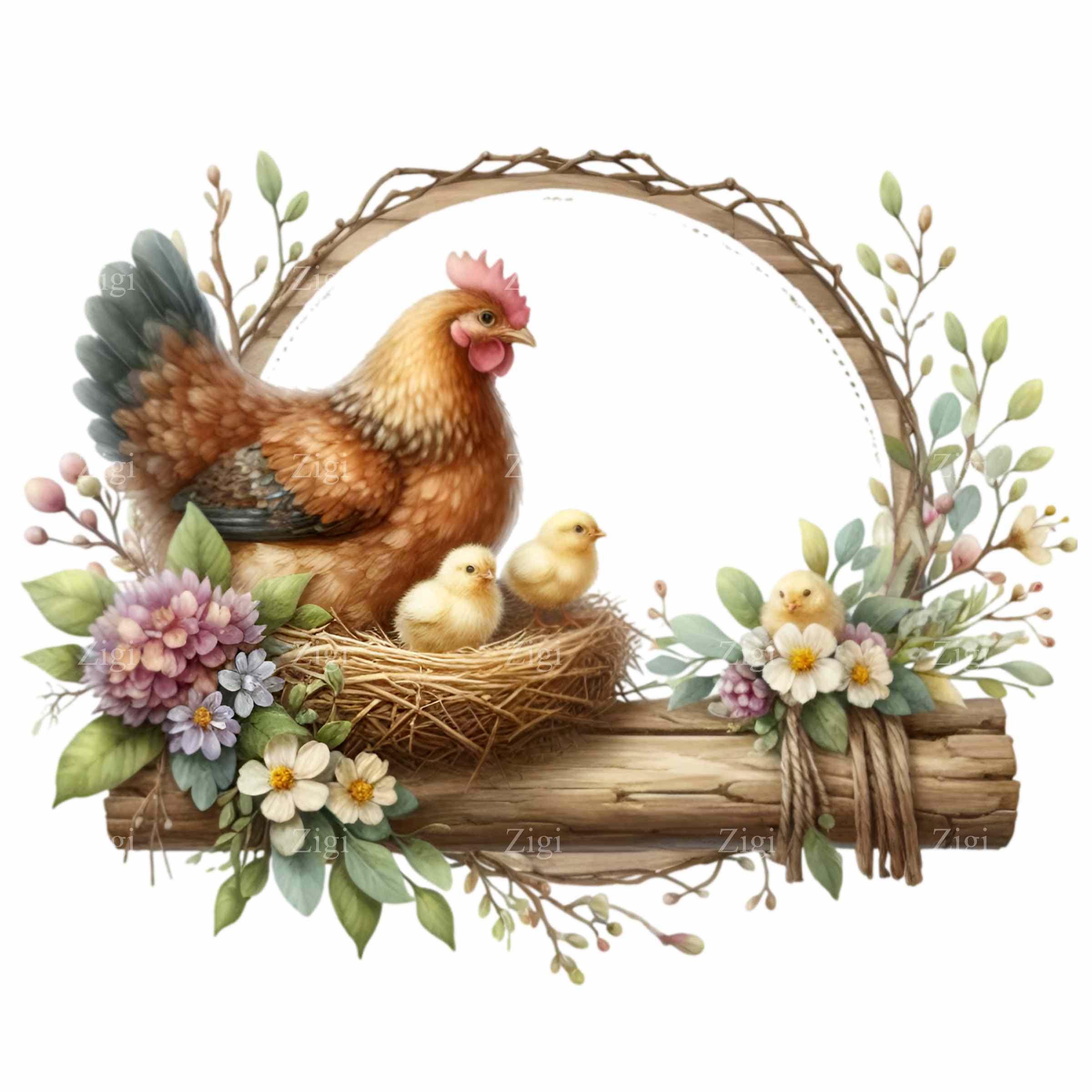 15 PNG Hen With Chicks Clipart – Spring Chicken Nest Frame Illustration ...