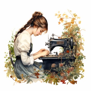 27 imágenes prediseñadas de costura vintage JPEG: Chica en una máquina de coser JPG: Ilustración floral otoñal para arte mural de sala de manualidades y decoración imprimible