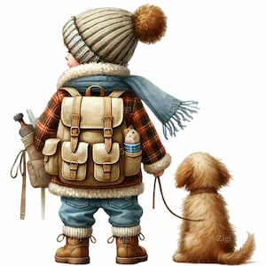 15 Winter Boy PNG Clipart with Backpack, Dog & Scarf | Cozy Outdoor Child Illustration with Hat and Hiking Gear for Seasonal Crafts
