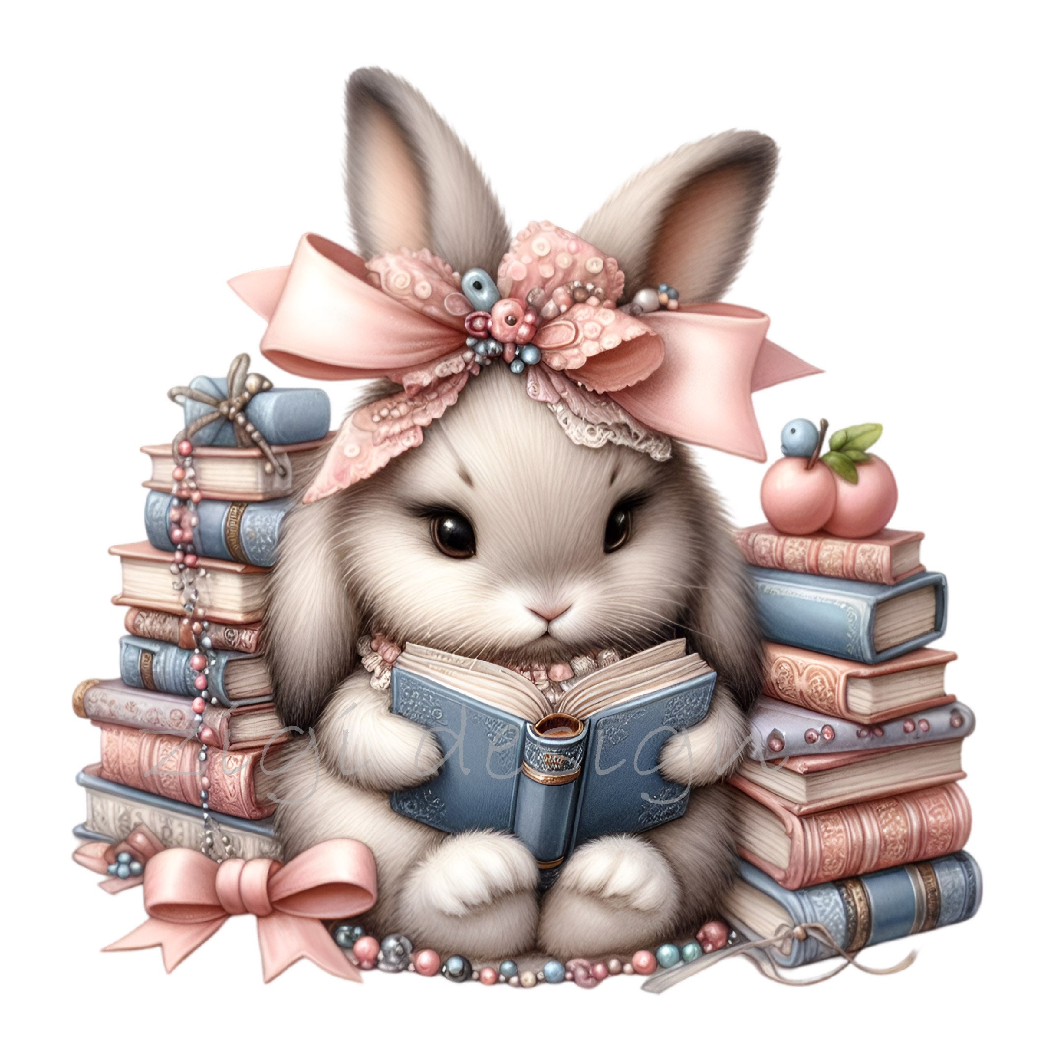 12 PNG Vintage Reading Bunny, Library Rabbit Clipart, Coquette Pink Bow ...