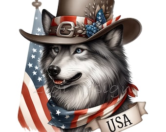 Grey Wolf In Cowboy Hat, Flag Of Usa Bandana - T-Shirt Grey Wolf In Cowboy Hat, Flag Of Usa Bandana - T-Shirt