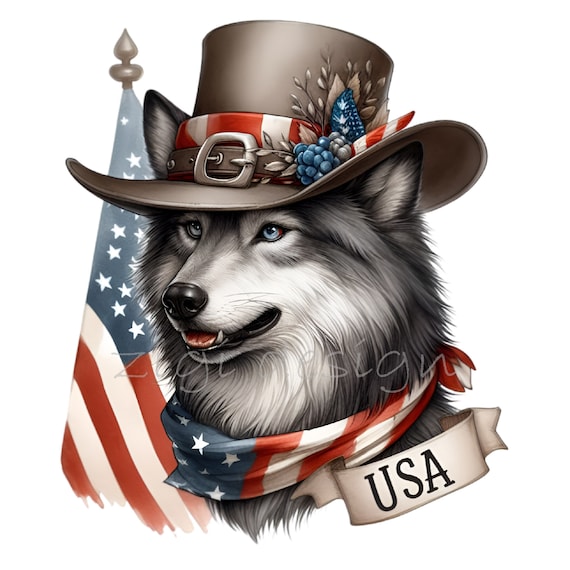 Grey Wolf In Cowboy Hat, Flag Of Usa Bandana - T-Shirt Grey Wolf In Cowboy Hat, Flag Of Usa Bandana - T-Shirt