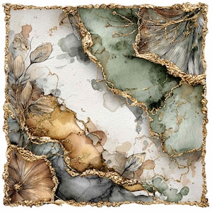 Può includere: Dipinto ad acquerello astratto con accenti in foglia d'oro. L'opera presenta una composizione quadrata con forme organiche nelle tonalità del verde, marrone e grigio. Delicati disegni botanici a tratto sono intervallati nel design, con foglia d'oro che delinea i bordi.