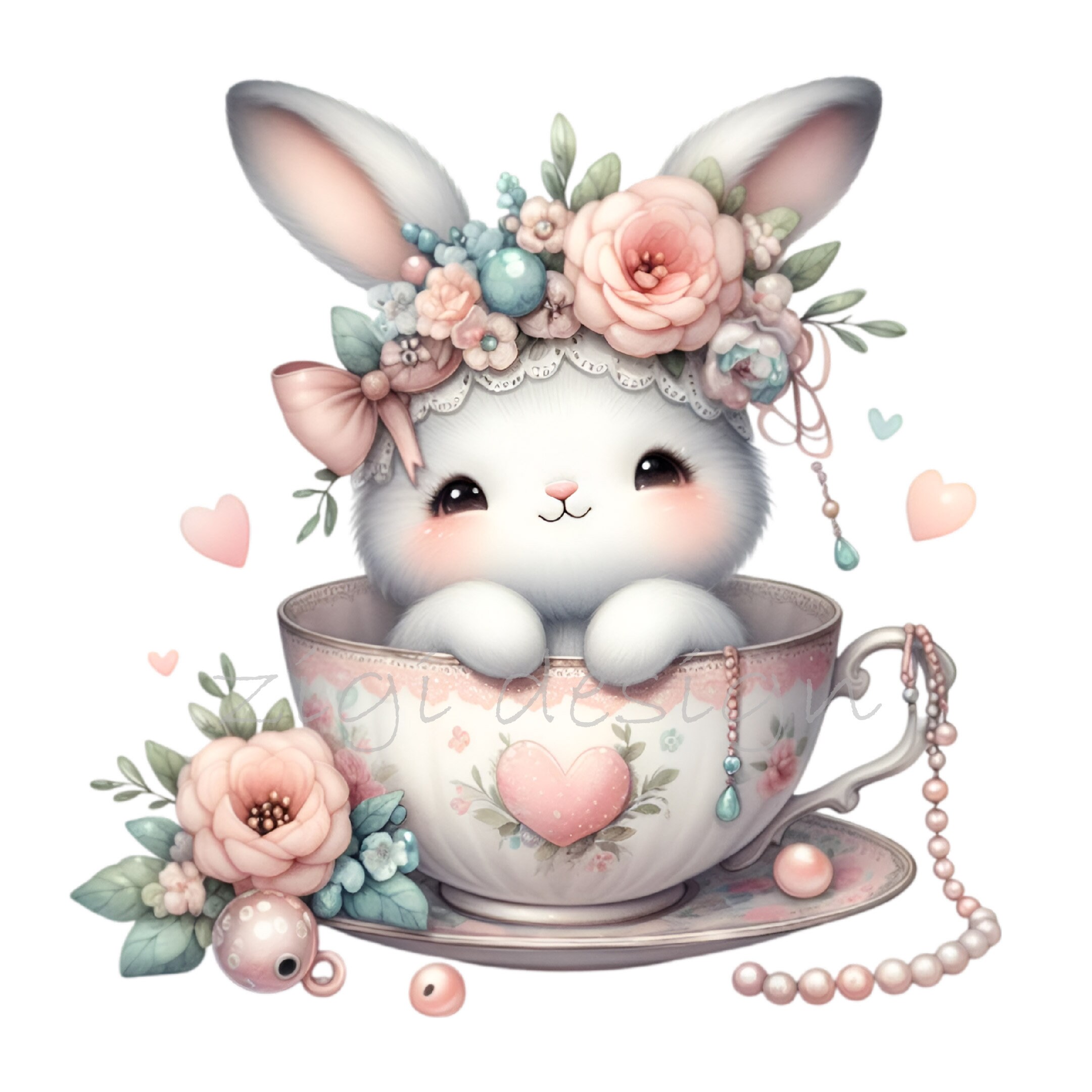 12 PNG Cute Bunny in Teacup Clipart – Pastel Rabbit PNG – Floral Animal ...