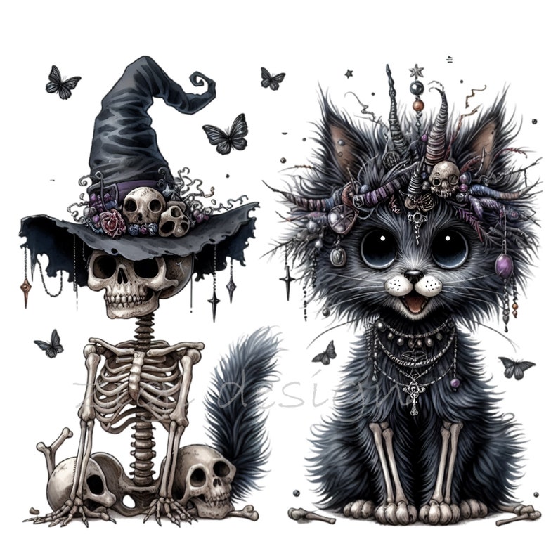 12 PNG Skeleton Cat Clipart - Gothic Furry Skull Kitten With Black Fur ...