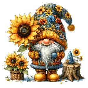 15 Clipart PNG di Gnomo Girasole – Gnomo carino con cappello lavorato a maglia, che tiene un girasole, circondato da fiori – Download digitale