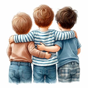 10 drei Jungen umarmen PNG Clipart, niedliche Kinder Illustration, Kinder Freundschaft Digital Art Download