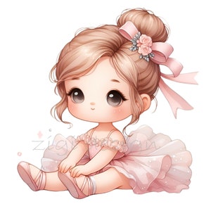 May include: A cute cartoon ballerina with blonde hair, wearing a pink tutu and pink ballet shoes. She has a pink bow in her hair with a floral accent.