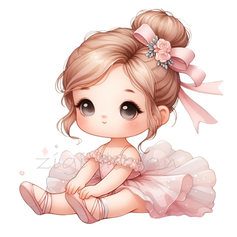 May include: A cute cartoon ballerina with blonde hair, wearing a pink tutu and pink ballet shoes. She has a pink bow in her hair with a floral accent.