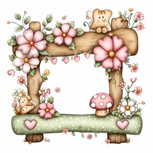 Puede incluir: Ilustración en acuarela de un marco de madera decorado con flores rosas, hojas verdes y una seta. Una pequeña criatura sonriente con forma de oso se sienta encima del marco. Corazones rosas y mariposas completan el diseño.