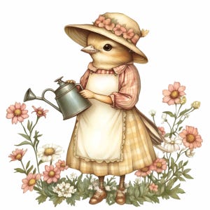 May include: A small bird wearing a straw hat with a floral trim holds a watering can and stands in a garden with pink and white flowers.