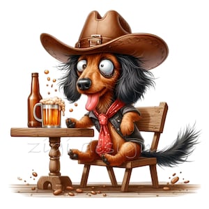 Funny Cowboy Dog PNG Clipart - 15 Cute Dachshund with Cowboy Hat and Beer - Western Dog Digital Download