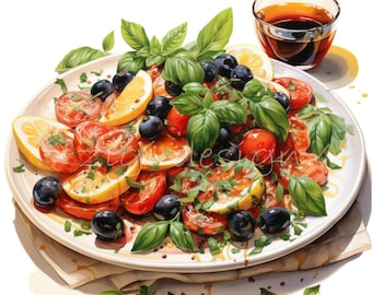 16 PNG Mediterranean Tomato Salad Watercolor Food Clipart, Italian Kitchen