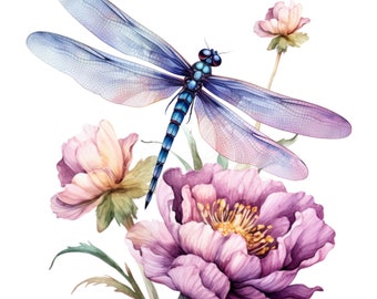 10 PNG Dragonfly Floral Illustration Clipart, Watercolor Botanical Insect Nature
