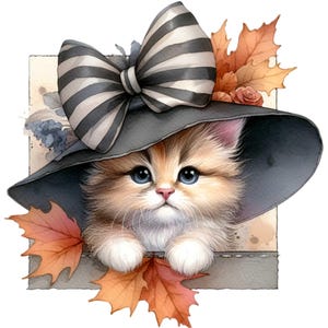 15 gatitos PNG Clipart - Lindo gato con sombrero con lazo de rayas, hojas de otoño y encanto rústico