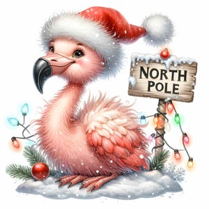 16 Art de flamant rose de Noël JPEG - Clipart JPG mignon - Oiseau tropical festif avec des lumières pour des cartes d'hiver, des travaux manuels pour enfants ou une décoration de vacances
