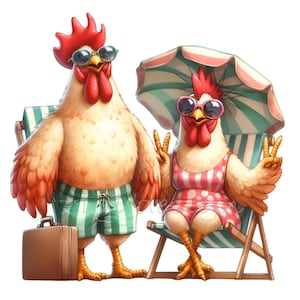 15 Pollos de playa Clipart PNG, Pollos de vacaciones, Pollos de verano, Fondo transparente, Clipart de verano. Pollos divertidos de vacaciones