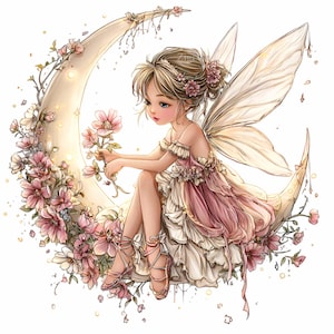 May include: A digital illustration of a fairy sitting on a crescent moon. The fairy has blonde hair, pink dress, and delicate wings. The moon is adorned with pink flowers and vines, creating a whimsical and enchanting scene.