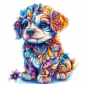 12 Floral Puppy PNG Clipart - Whimsical Dog with Colorful Flowers & Patterns - Vibrant Artistic Design