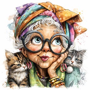 12 jpeg grappige oma met kittens – schattige jpg-clipart – grappige dierenliefhebberkunst voor afdrukbare kaarten, wanddecoratie en cadeauontwerpen