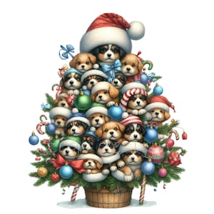 Clipart dell'albero dei cuccioli di Natale - 15 adorabili illustrazioni di cani festivi in cappelli di Babbo Natale e decorazioni natalizie, download digitale PNG