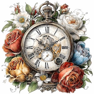 Puede incluir: Un reloj de bolsillo antiguo con números romanos y engranajes visibles, rodeado de coloridas rosas y otras flores. El reloj tiene una caja dorada y está sobre un fondo blanco. Las flores incluyen rosas rojas, amarillas, blancas y azules.